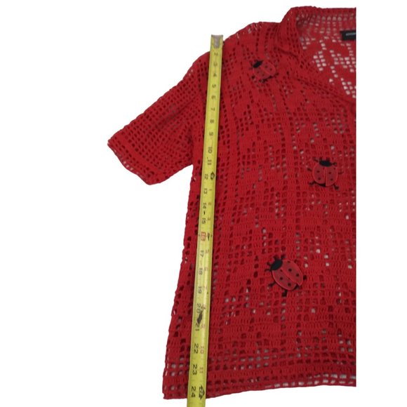 Morgan Cole open knit red button unique cardigan w/ Ladybugs measures Large/XL - Picture 12 of 16